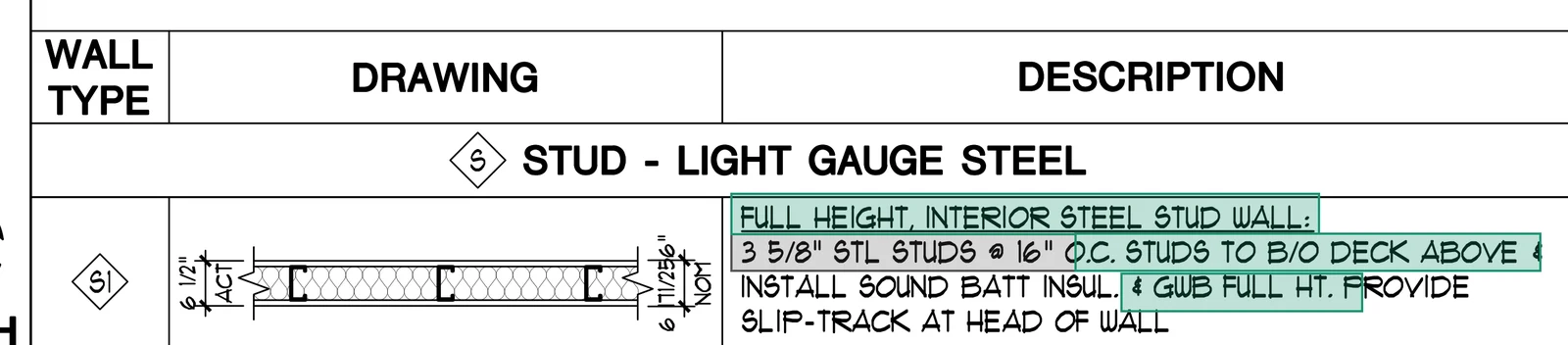 The same callout with the full-height instructions picked up: studs to underside of deck above, gypsum board full height